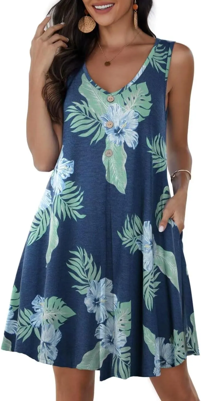 JollieLovin Women Summer Sundress Plus Size Tank Sleeveless V Neck Dress Beach Swing Loose Fit Casual