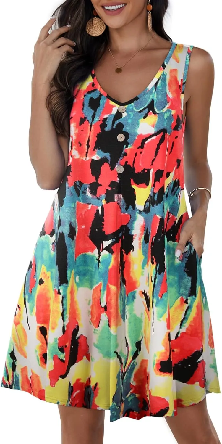 JollieLovin Women Summer Sundress Plus Size Tank Sleeveless V Neck Dress Beach Swing Loose Fit Casual