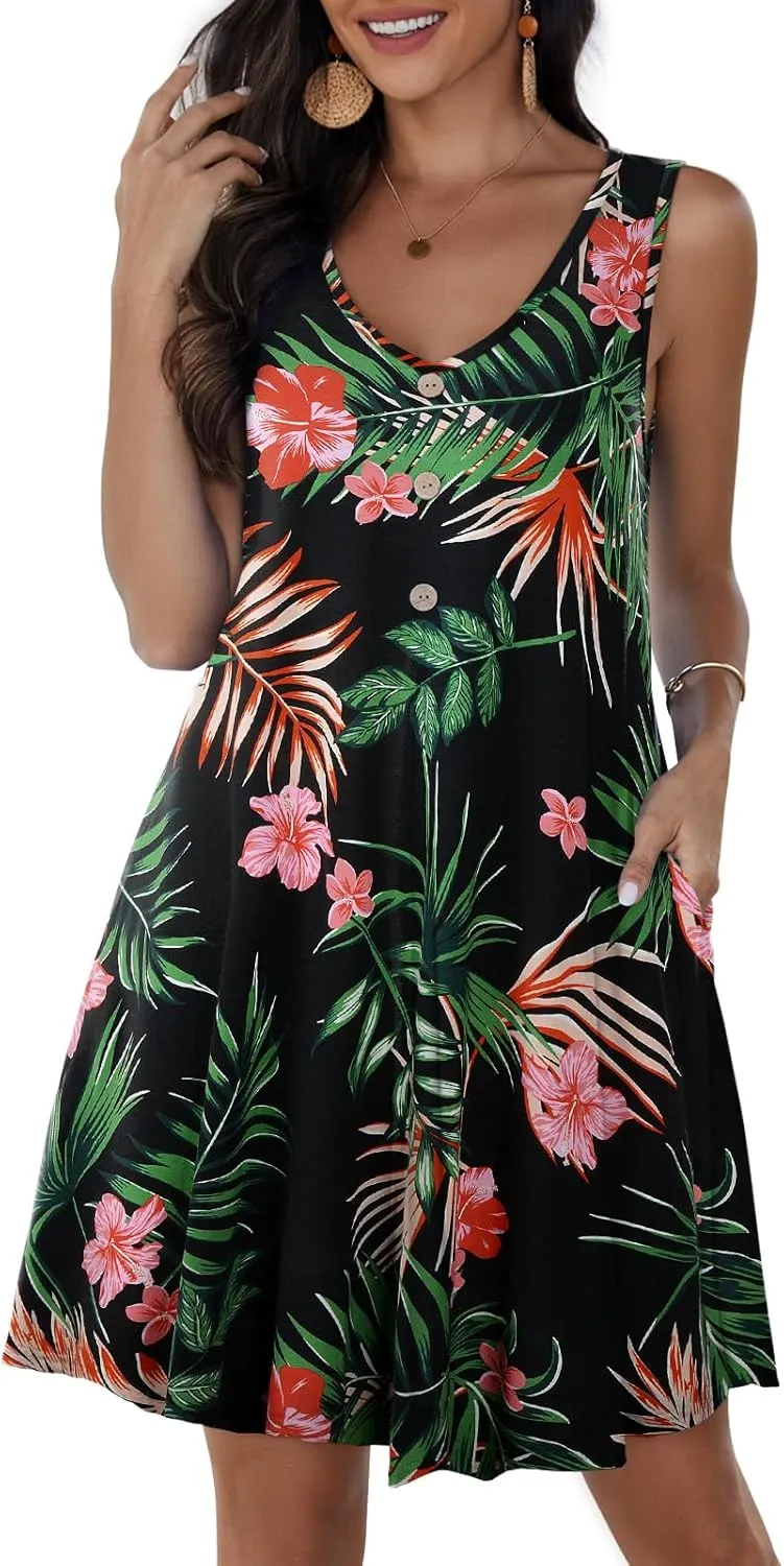 JollieLovin Women Summer Sundress Plus Size Tank Sleeveless V Neck Dress Beach Swing Loose Fit Casual