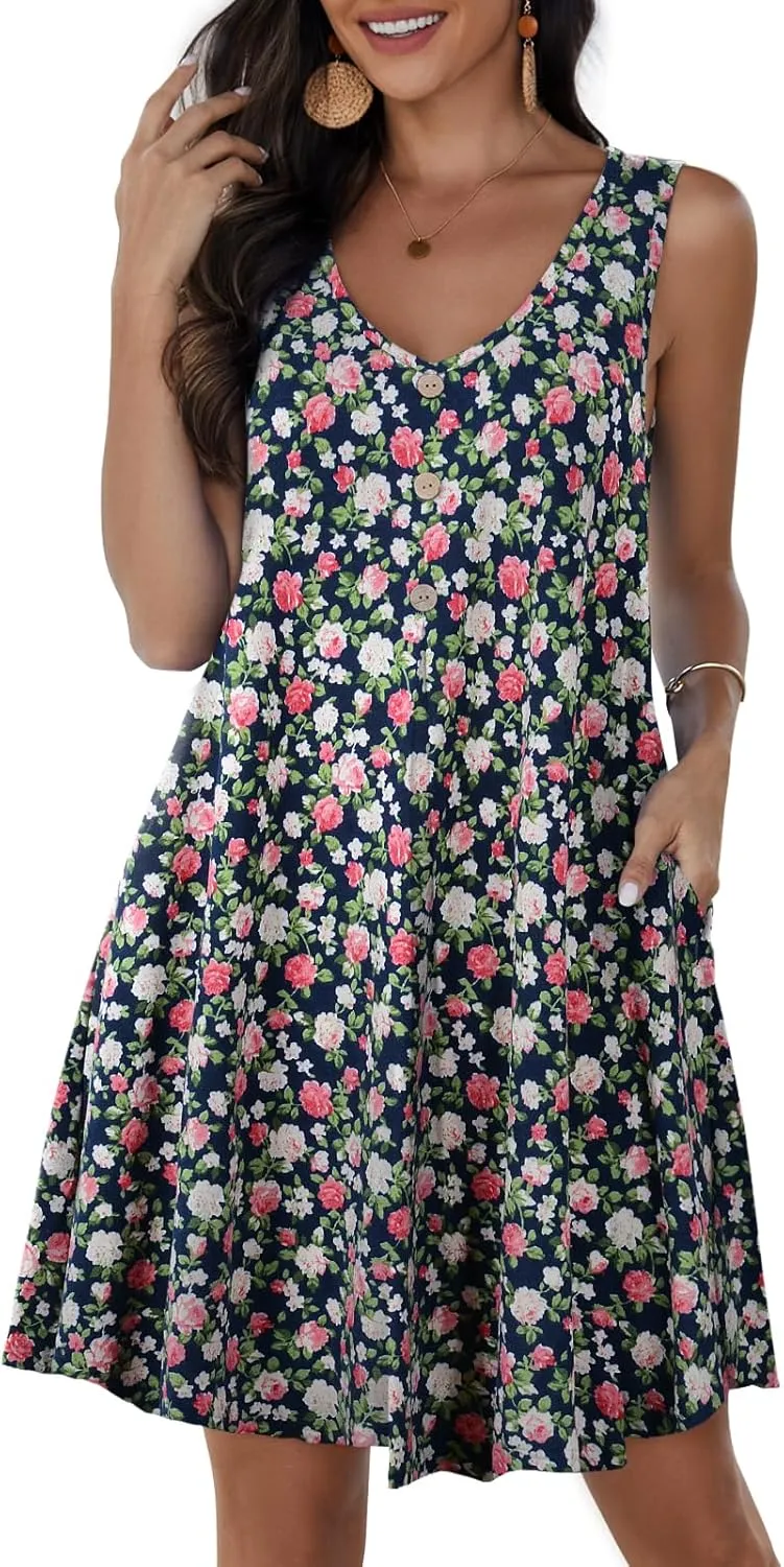 JollieLovin Women Summer Sundress Plus Size Tank Sleeveless V Neck Dress Beach Swing Loose Fit Casual