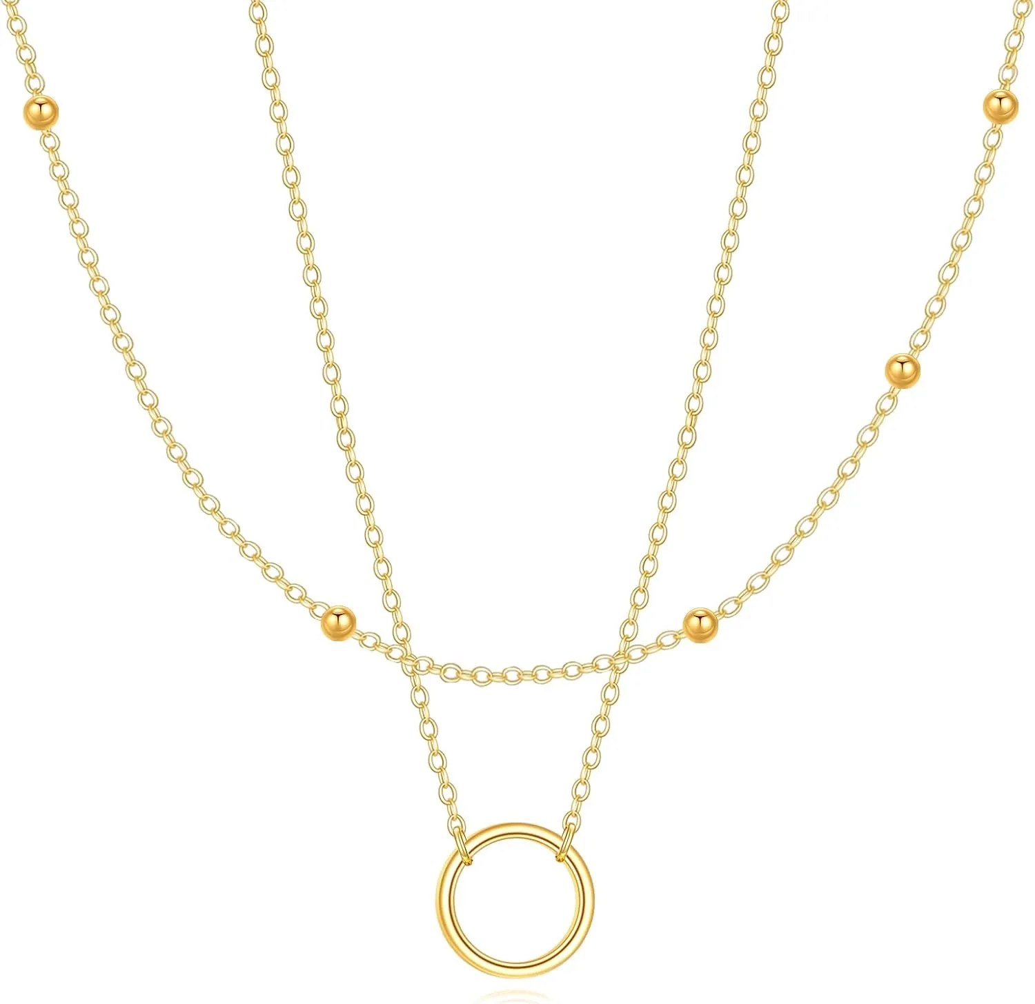 KECHO 10K Solid Gold Layered Circle Necklace Dainty Circle Pendant Layering Long Necklace for Women Jewelry Gift for Women Gifts