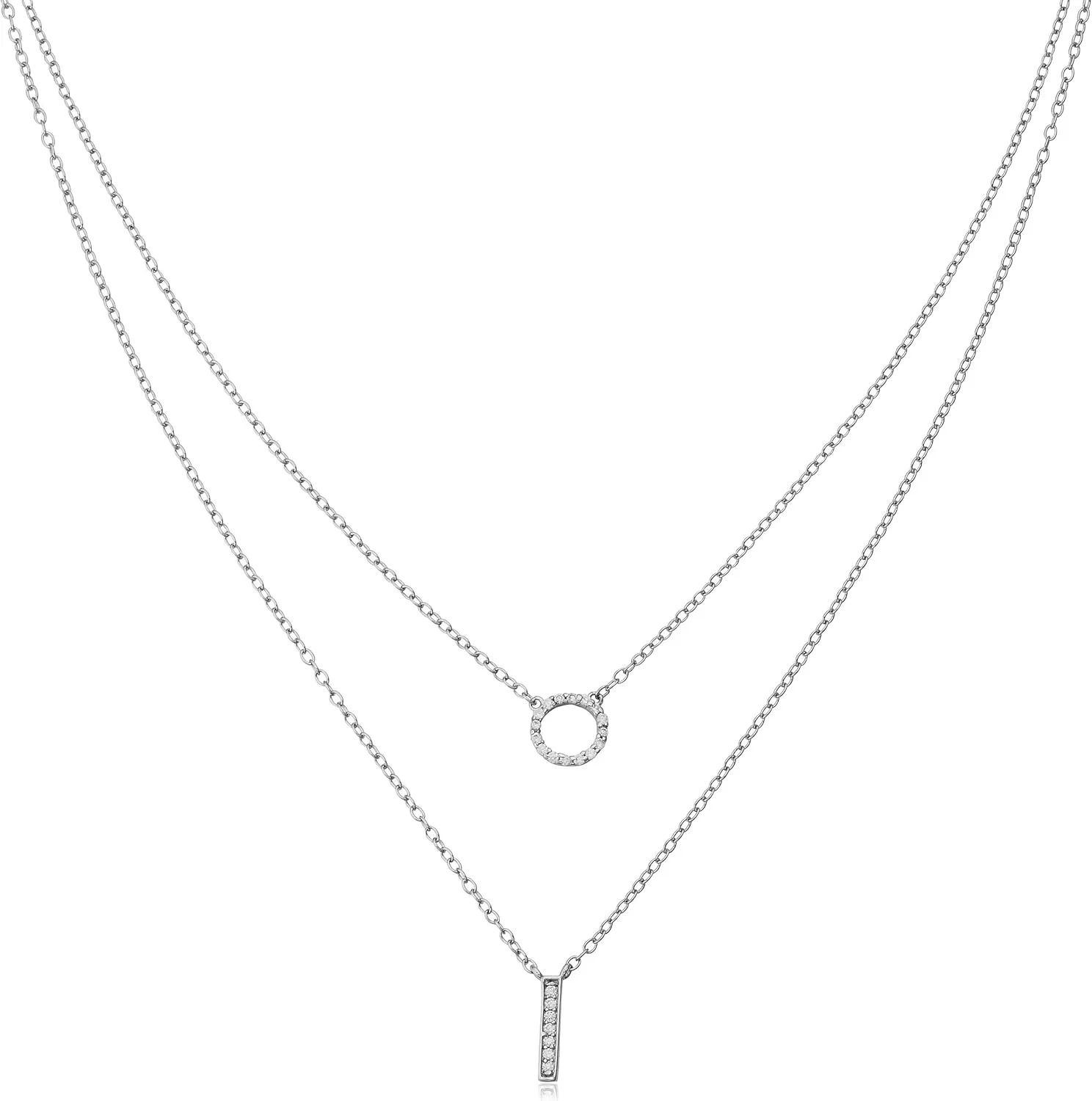 Kooljewelry Sterling Silver with Cubic Zirconia Bar and Circle Layered Necklace (16 inch)