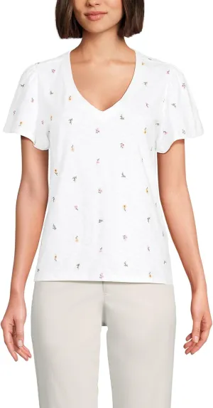 Lands' End Women's Slub Flutter Sleeve V-Neck T-Shirt