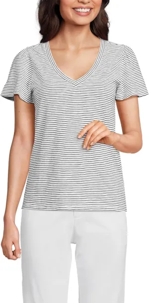 Lands' End Women's Slub Flutter Sleeve V-Neck T-Shirt