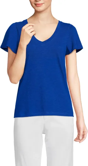 Lands' End Women's Slub Flutter Sleeve V-Neck T-Shirt