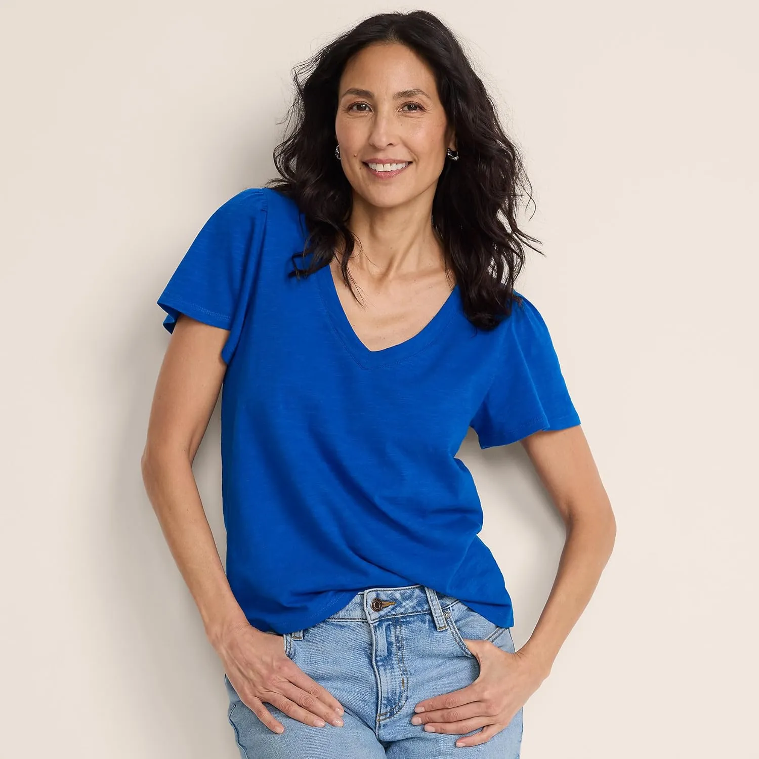 Lands' End Women's Slub Flutter Sleeve V-Neck T-Shirt