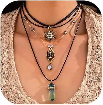 Layered Boho Necklace for Women Stacked Crystal Chain Necklace Sun Pendant Hippie Boho Choker Jewelry