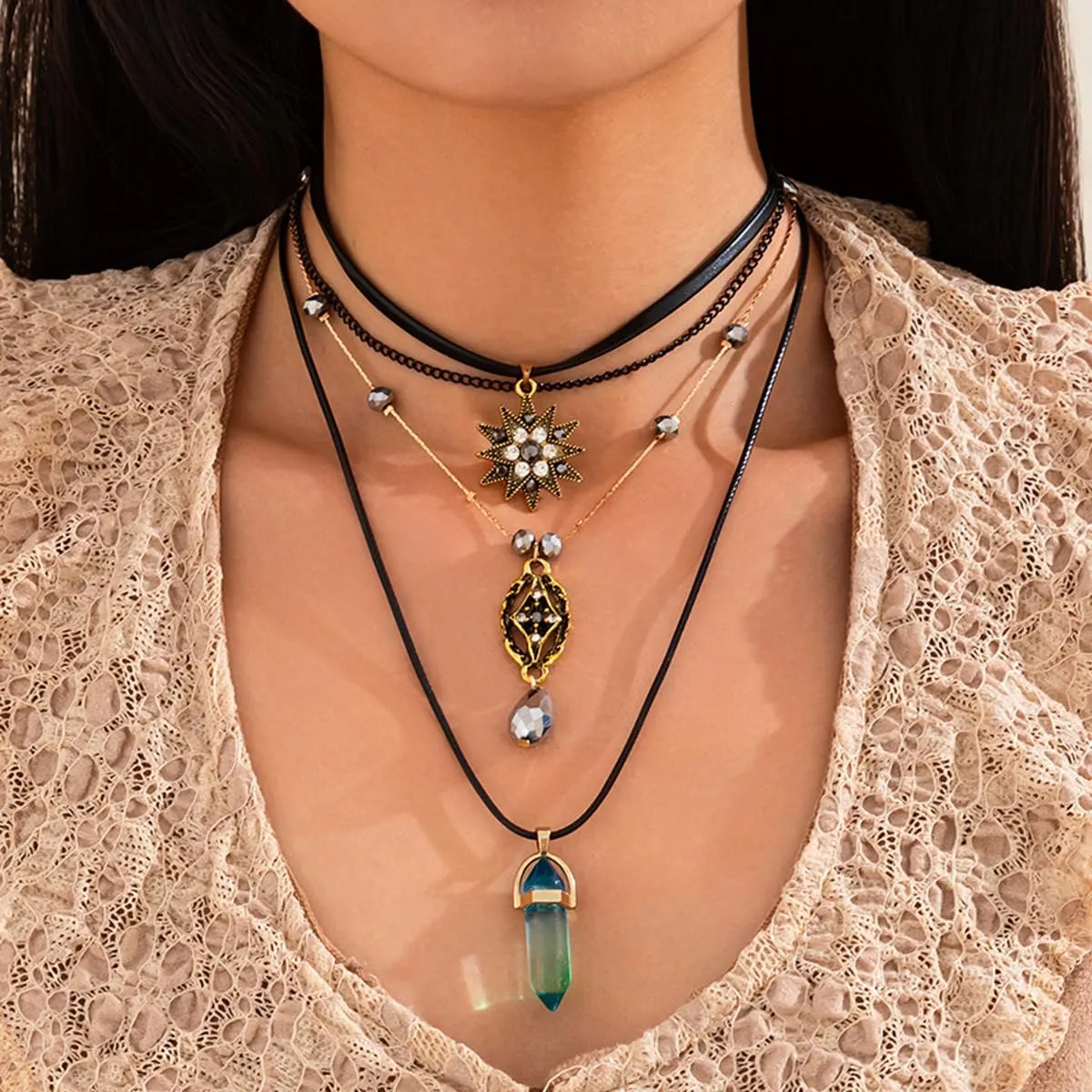 Layered Boho Necklace for Women Stacked Crystal Chain Necklace Sun Pendant Hippie Boho Choker Jewelry