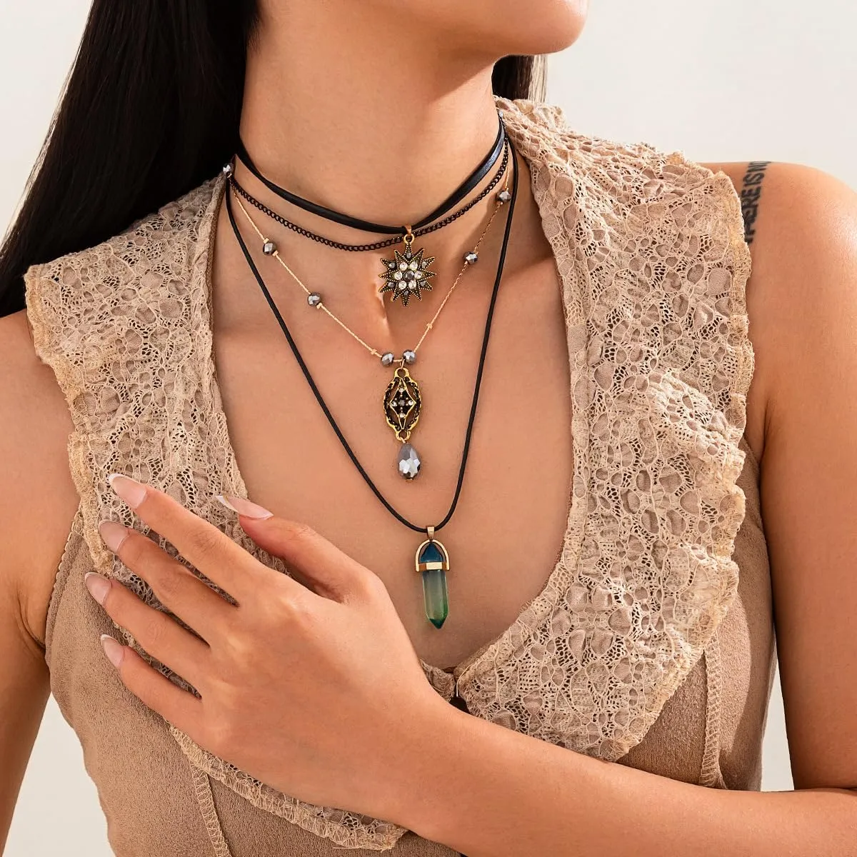 Layered Boho Necklace for Women Stacked Crystal Chain Necklace Sun Pendant Hippie Boho Choker Jewelry