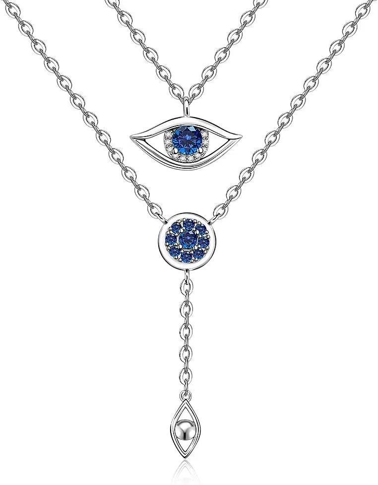 Layered Evil Eye Necklace for Women S925 Sterling Silver Multilayer Dangle Long Y Dainty Necklaces Tiny Double Layering Choker Protection Gifts