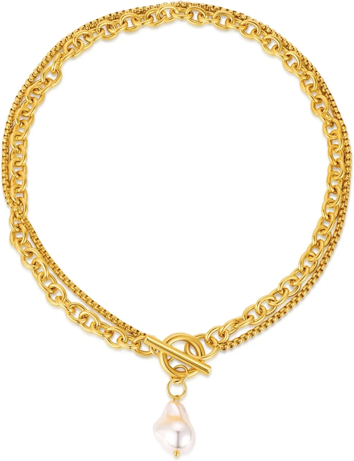 Layered Gold Choker Necklace With A Baroque Pearl And Heart Pendant Chunky Toggle Necklace With 2 Row Chain