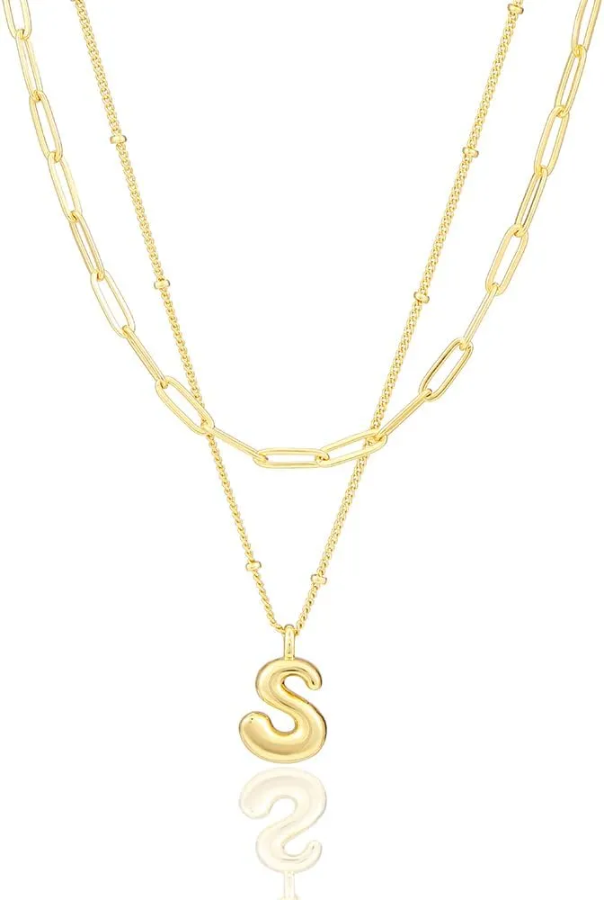 Layered Initial Necklaces for Women Trendy, 18K Gold Plated Bubble Letter A-Z Pendant Necklace Tiny Initial Necklace Personalized Monogram Layered Gold Choker for Women Jewelry