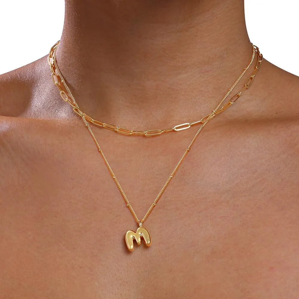 Layered Initial Necklaces for Women Trendy, 18K Gold Plated Bubble Letter A-Z Pendant Necklace Tiny Initial Necklace Personalized Monogram Layered Gold Choker for Women Jewelry