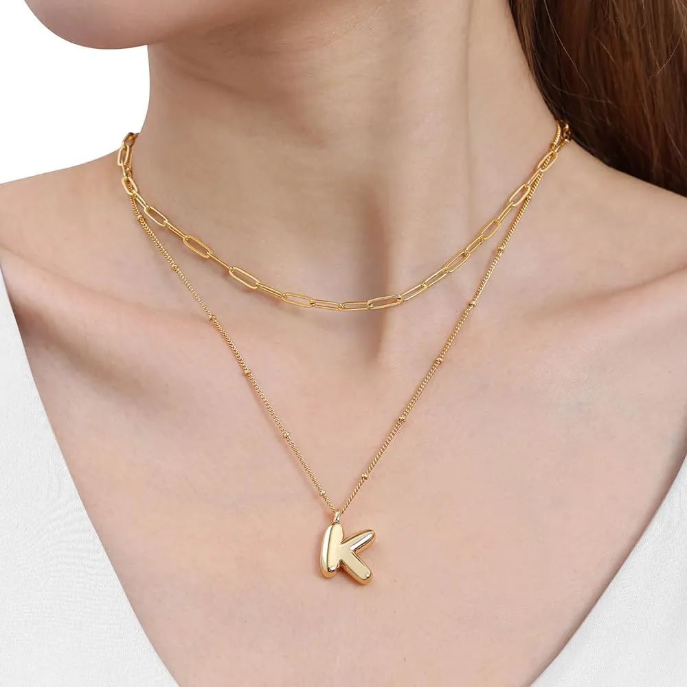 Layered Initial Necklaces for Women Trendy, 18K Gold Plated Bubble Letter A-Z Pendant Necklace Tiny Initial Necklace Personalized Monogram Layered Gold Choker for Women Jewelry