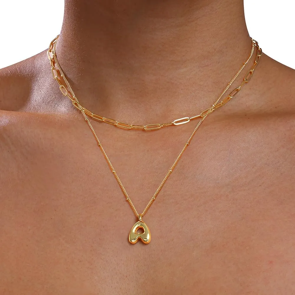 Layered Initial Necklaces for Women Trendy, 18K Gold Plated Bubble Letter A-Z Pendant Necklace Tiny Initial Necklace Personalized Monogram Layered Gold Choker for Women Jewelry
