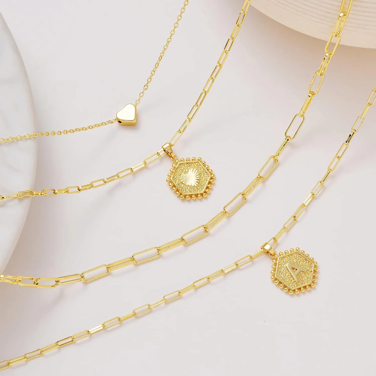 Layered Initial Necklaces for Women,Dainty 14K Gold Plated Paperclip Chain Capital Letter Heart Pendant Stacked Necklace for Women Girls