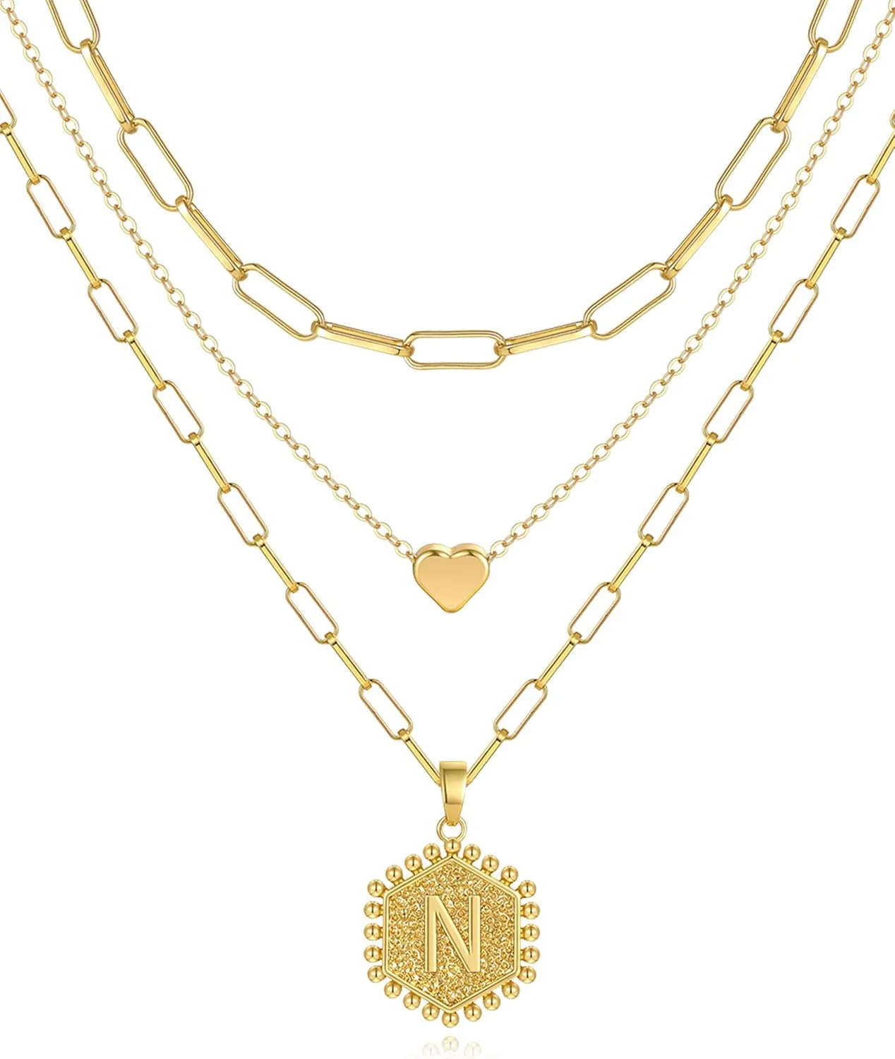 Layered Initial Necklaces for Women,Dainty 14K Gold Plated Paperclip Chain Capital Letter Heart Pendant Stacked Necklace for Women Girls