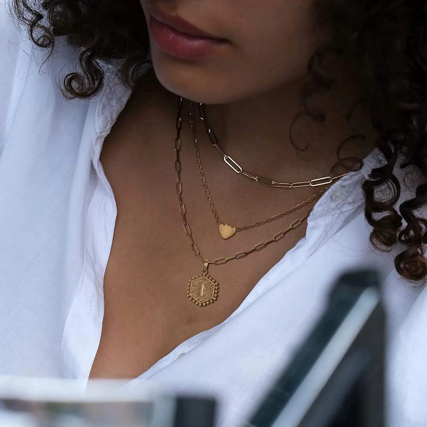 Layered Initial Necklaces for Women,Dainty 14K Gold Plated Paperclip Chain Capital Letter Heart Pendant Stacked Necklace for Women Girls