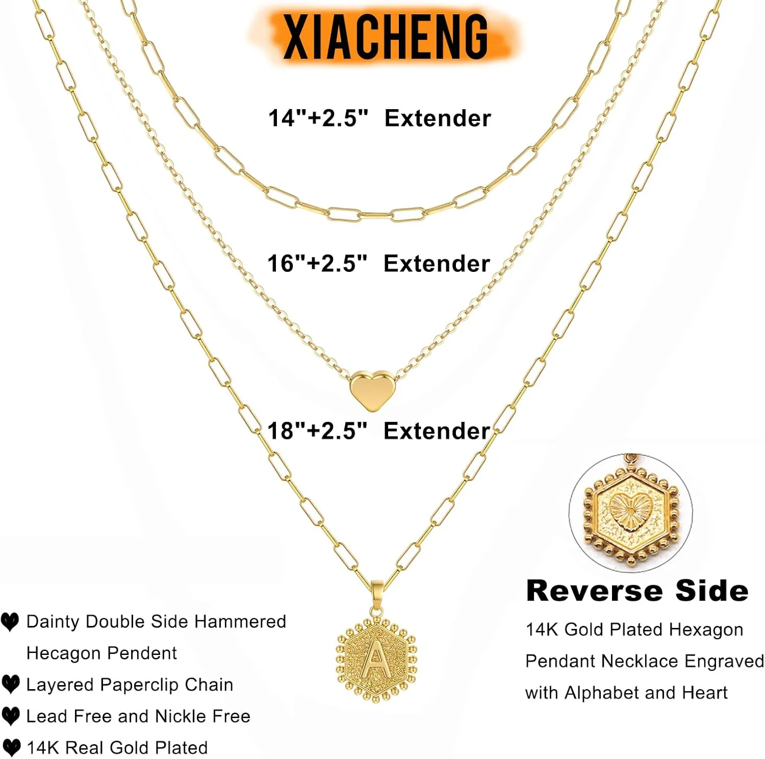 Layered Initial Necklaces for Women,Dainty 14K Gold Plated Paperclip Chain Capital Letter Heart Pendant Stacked Necklace for Women Girls