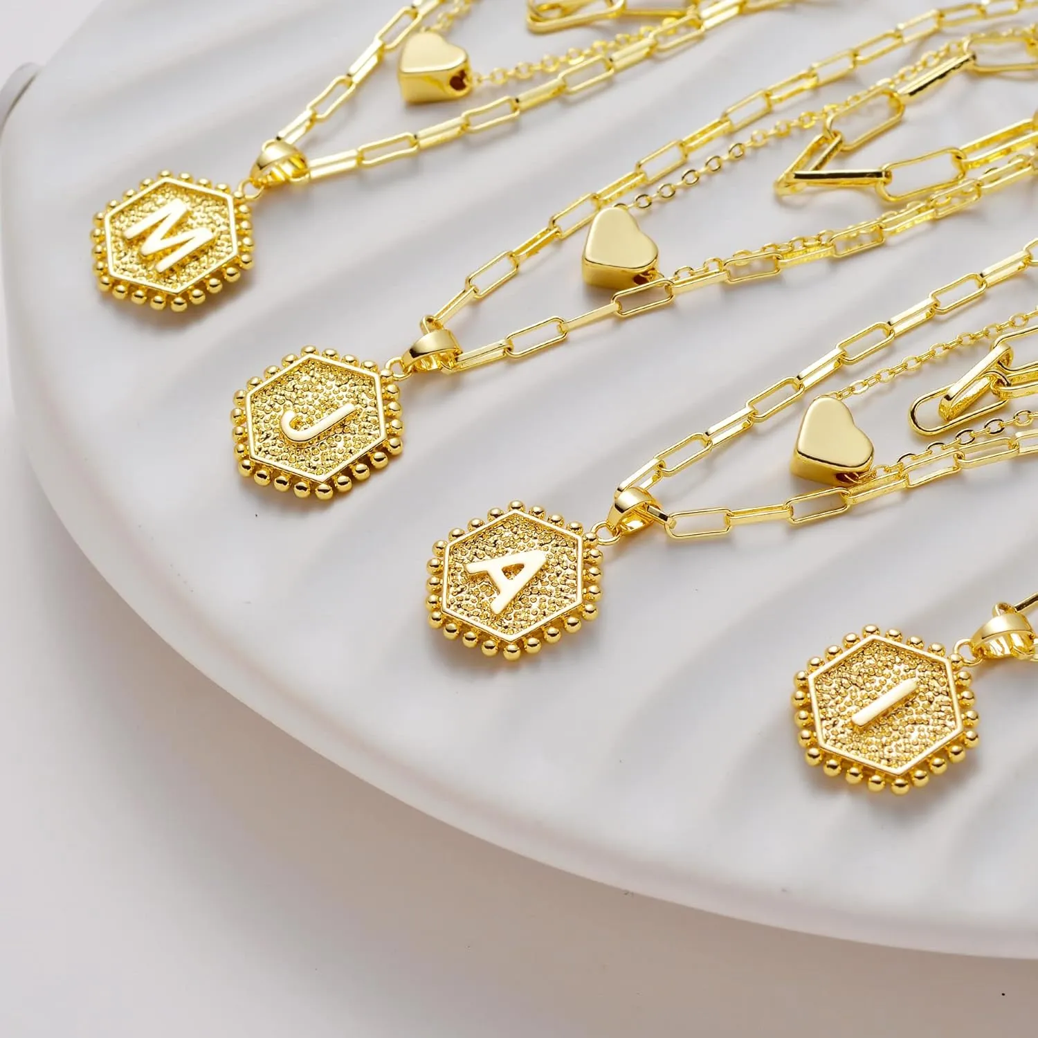 Layered Initial Necklaces for Women,Dainty 14K Gold Plated Paperclip Chain Capital Letter Heart Pendant Stacked Necklace for Women Girls