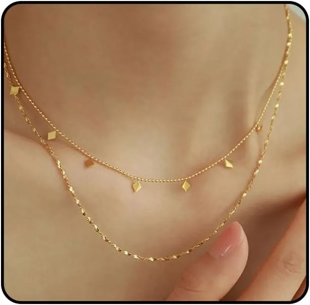 Layered Necklace Set,14k Gold Plated Layered Gold Necklaces for Women,Dainty Double Layer Snake Chain Herringbone Satellite Bead Chain Necklace Gold Jewelry