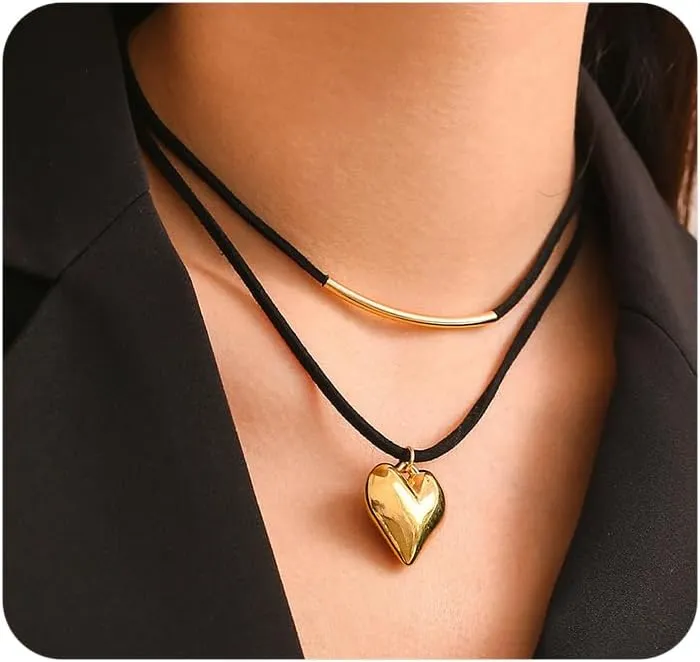 Layered Puffy Gold Heart Choker Necklace for Women Y2k Love Heart Black Rope Pendant Necklace Charm Statement Necklace Lover Jewelry Accessories