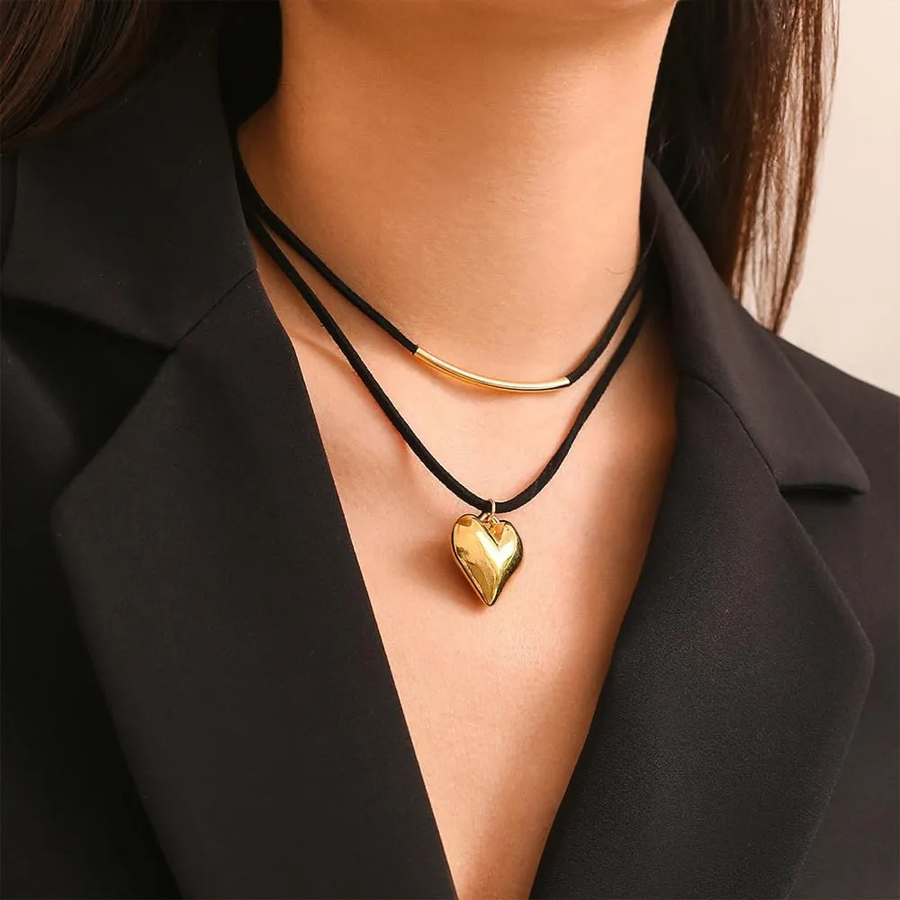 Layered Puffy Gold Heart Choker Necklace for Women Y2k Love Heart Black Rope Pendant Necklace Charm Statement Necklace Lover Jewelry Accessories