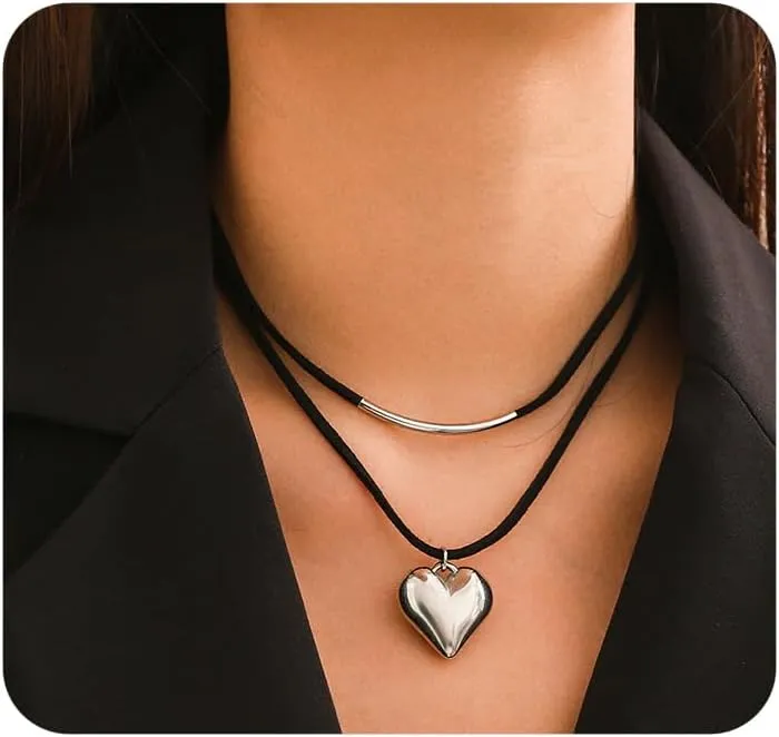 Layered Puffy Gold Heart Choker Necklace for Women Y2k Love Heart Black Rope Pendant Necklace Charm Statement Necklace Lover Jewelry Accessories
