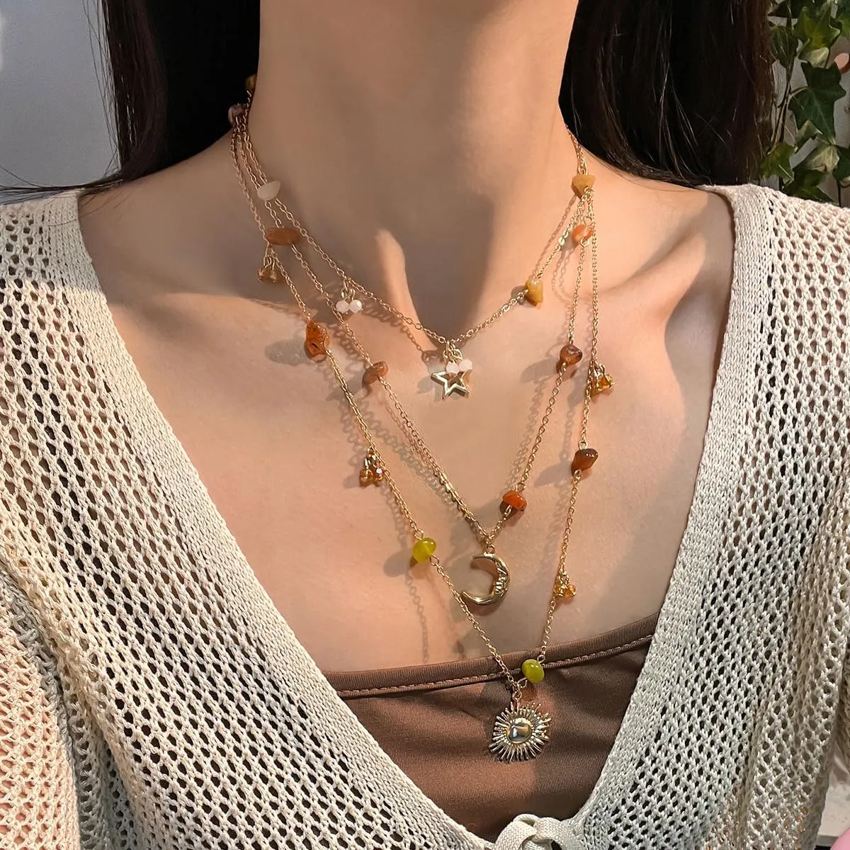 Layered Sun Necklace for Women Stacked Crystal Chain Necklace Pendant Hippie Boho Choker Jewelry