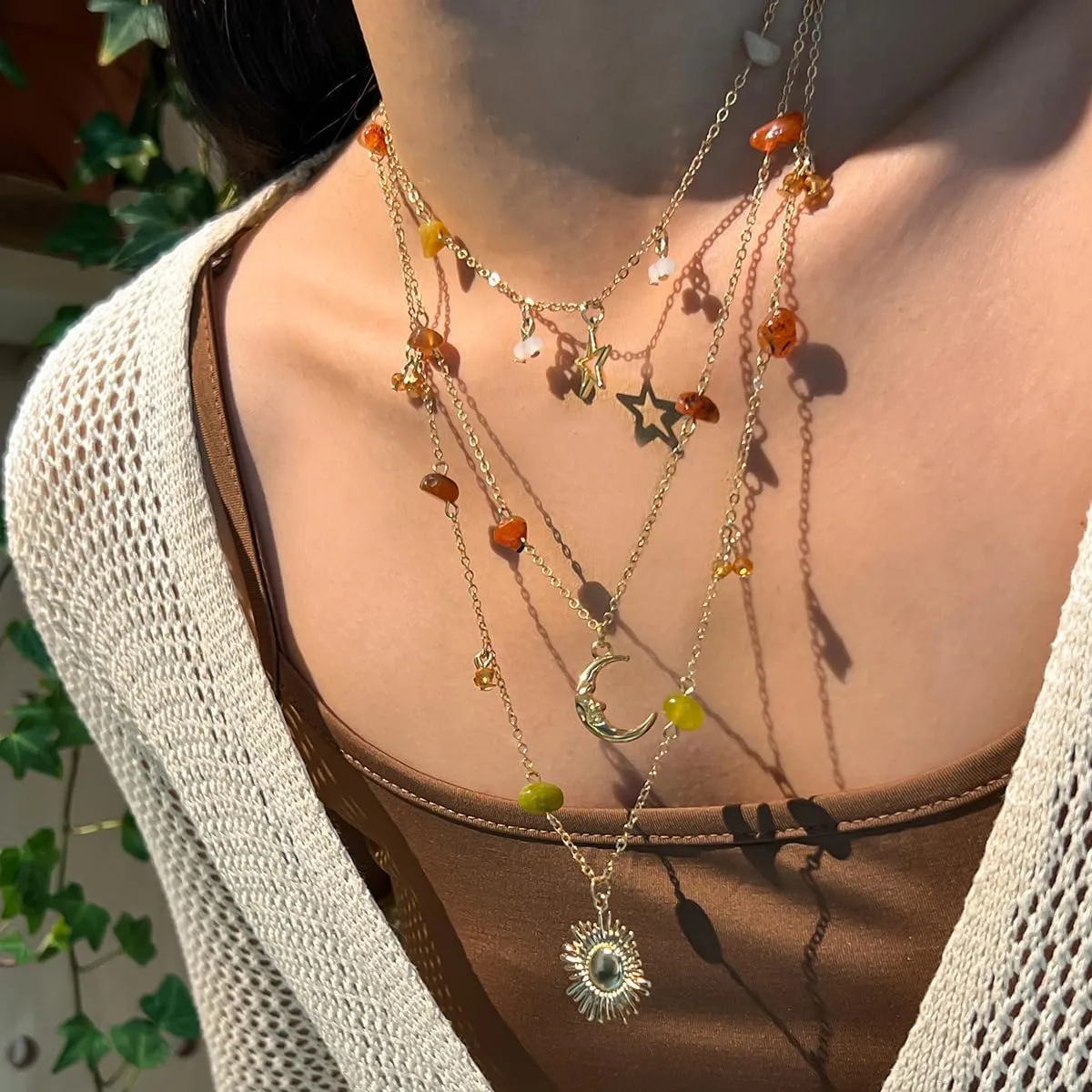 Layered Sun Necklace for Women Stacked Crystal Chain Necklace Pendant Hippie Boho Choker Jewelry