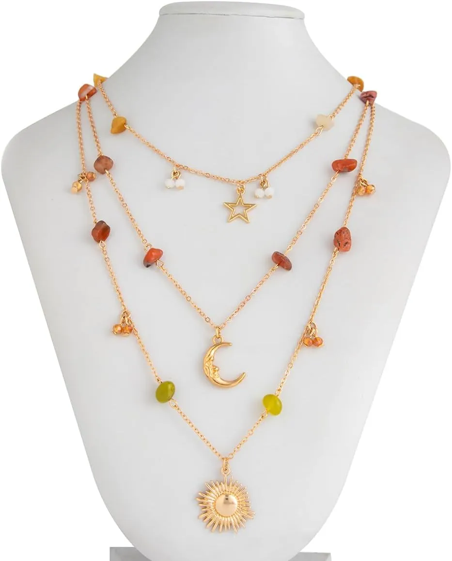 Layered Sun Necklace for Women Stacked Crystal Chain Necklace Pendant Hippie Boho Choker Jewelry