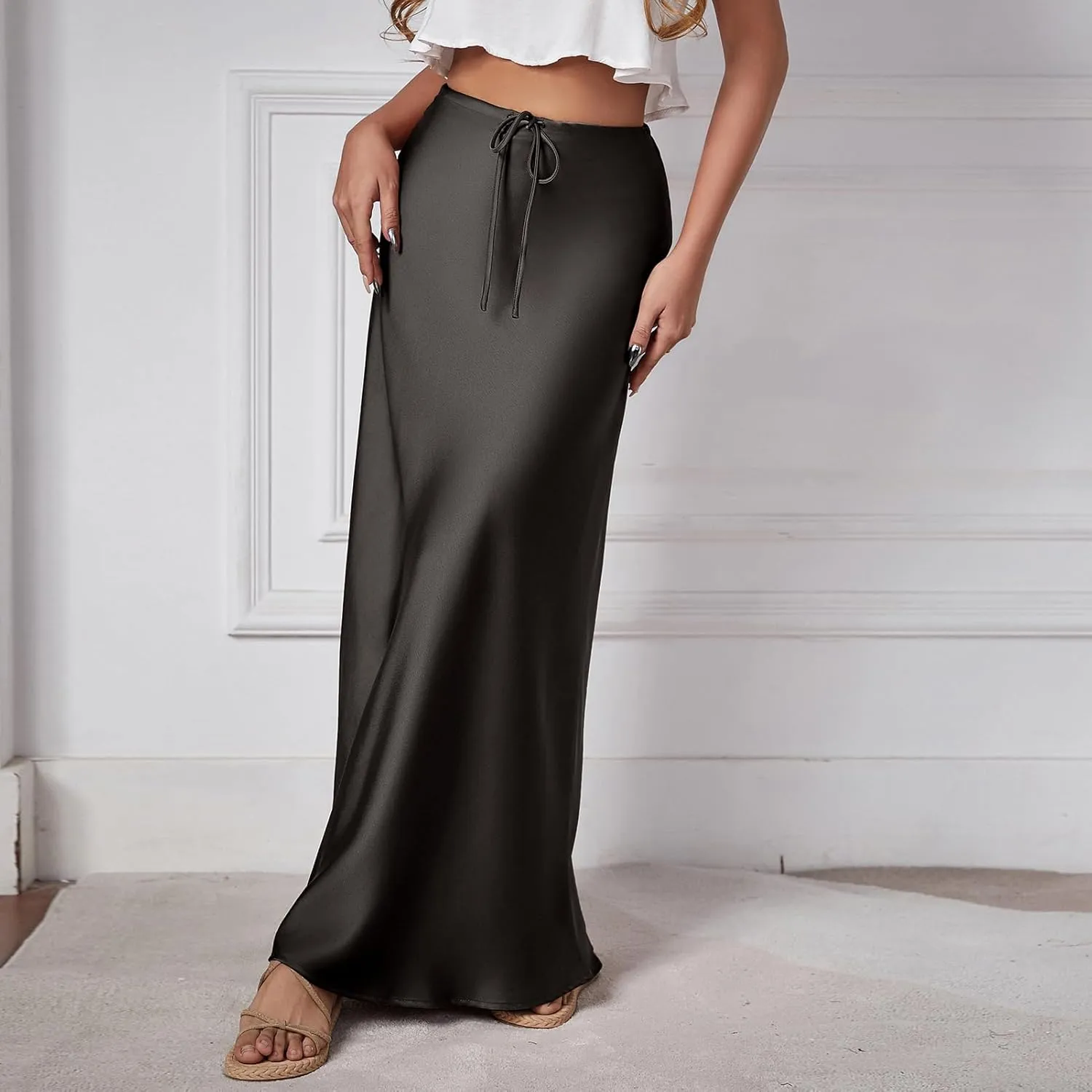 Long Silk Skirt Women's Spring Summer Satin Silk High Waist Drawstring Ruffle A Line Maxi Skirt
