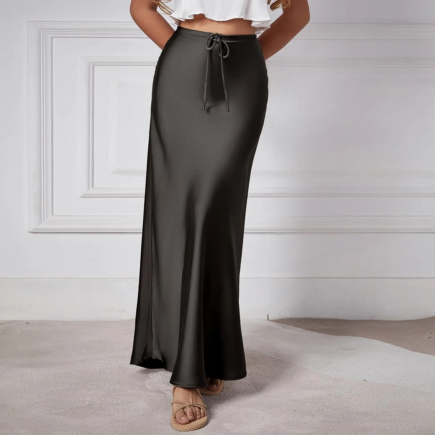 Long Silk Skirt Women's Spring Summer Satin Silk High Waist Drawstring Ruffle A Line Maxi Skirt