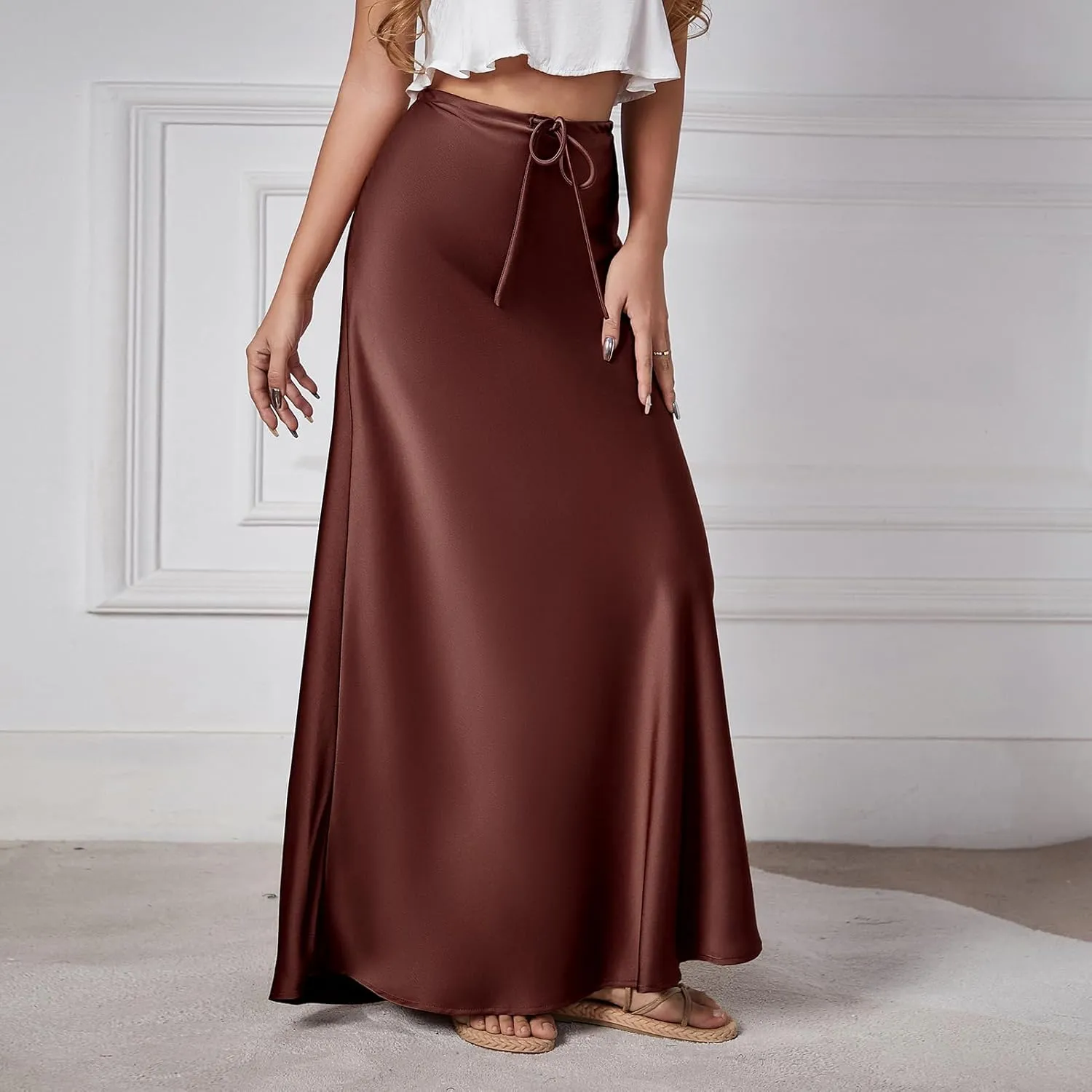 Long Silk Skirt Women's Spring Summer Satin Silk High Waist Drawstring Ruffle A Line Maxi Skirt
