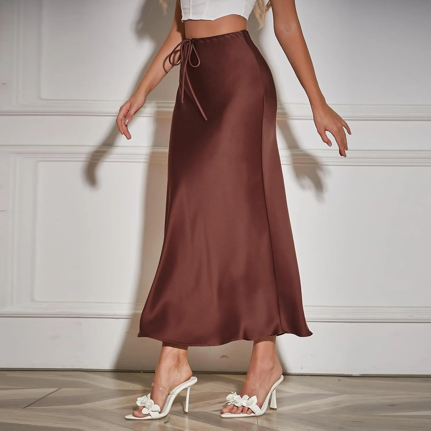 Long Silk Skirt Women's Spring Summer Satin Silk High Waist Drawstring Ruffle A Line Maxi Skirt