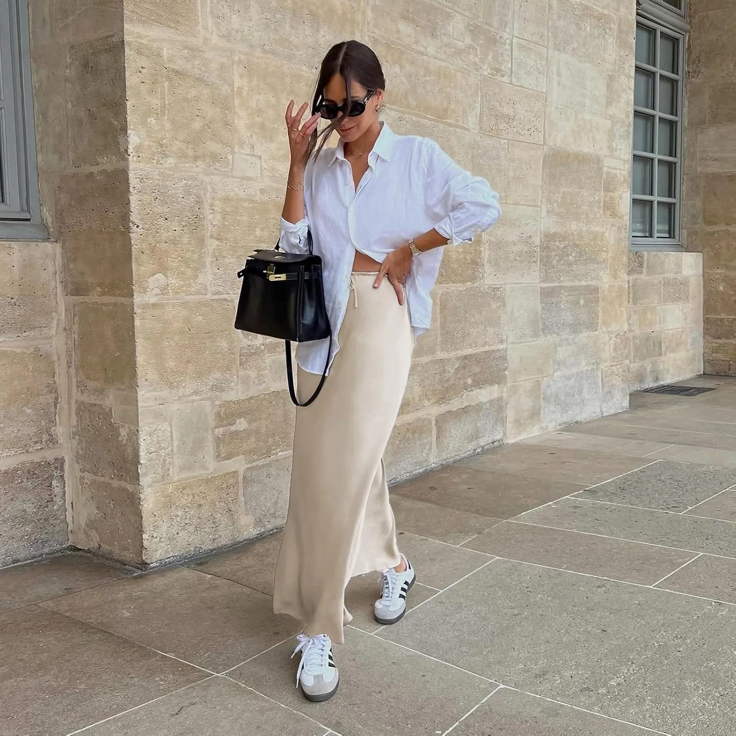 Long Silk Skirt Women's Spring Summer Satin Silk High Waist Drawstring Ruffle A Line Maxi Skirt