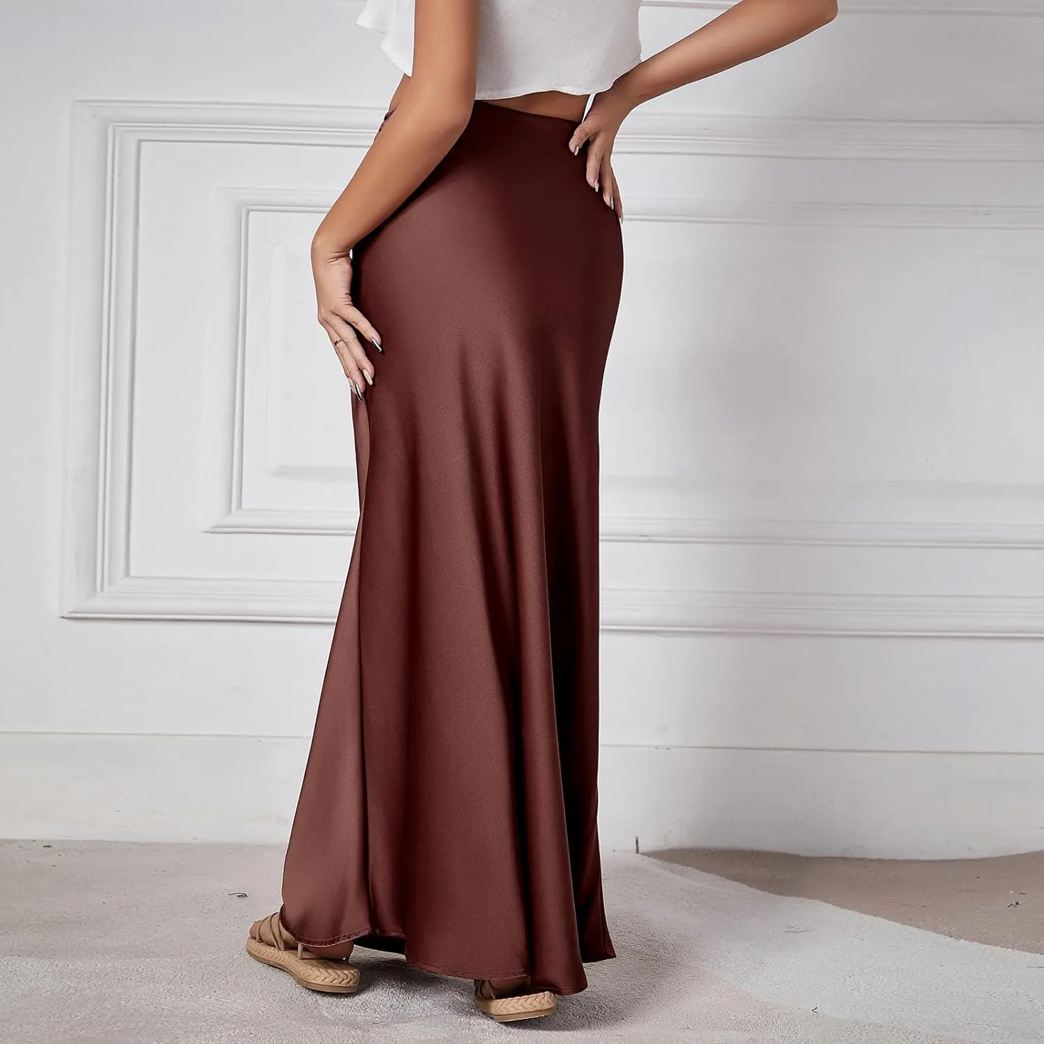Long Silk Skirt Women's Spring Summer Satin Silk High Waist Drawstring Ruffle A Line Maxi Skirt