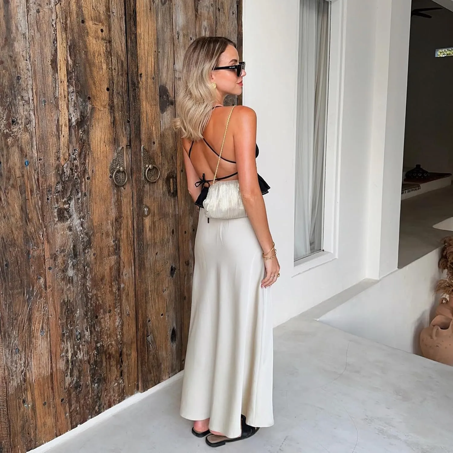 Long Silk Skirt Women's Spring Summer Satin Silk High Waist Drawstring Ruffle A Line Maxi Skirt