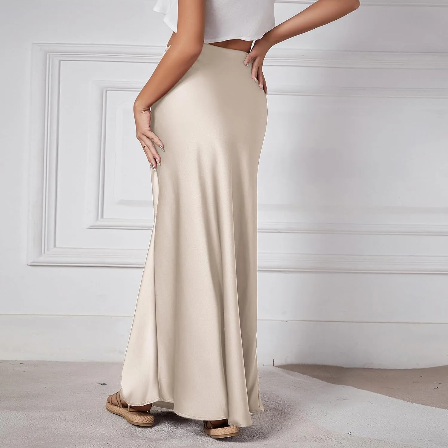 Long Silk Skirt Women's Spring Summer Satin Silk High Waist Drawstring Ruffle A Line Maxi Skirt