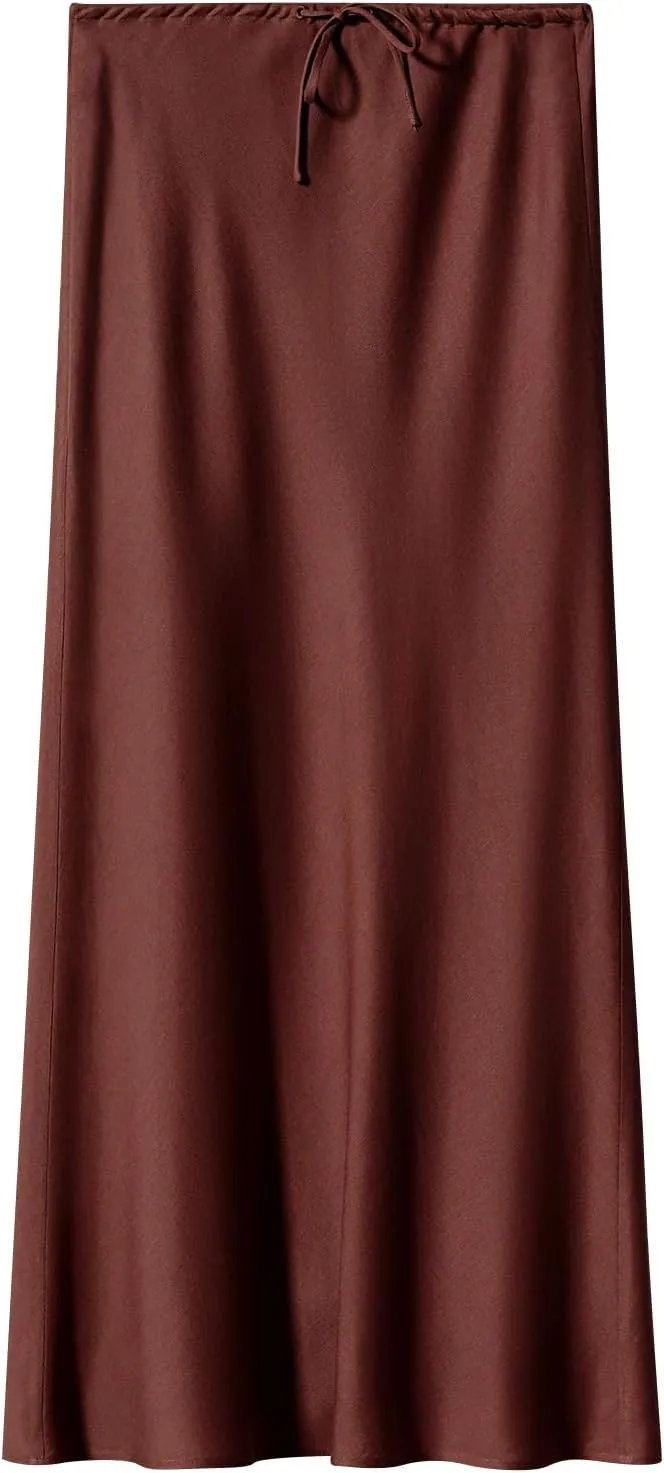 Long Silk Skirt Women's Spring Summer Satin Silk High Waist Drawstring Ruffle A Line Maxi Skirt