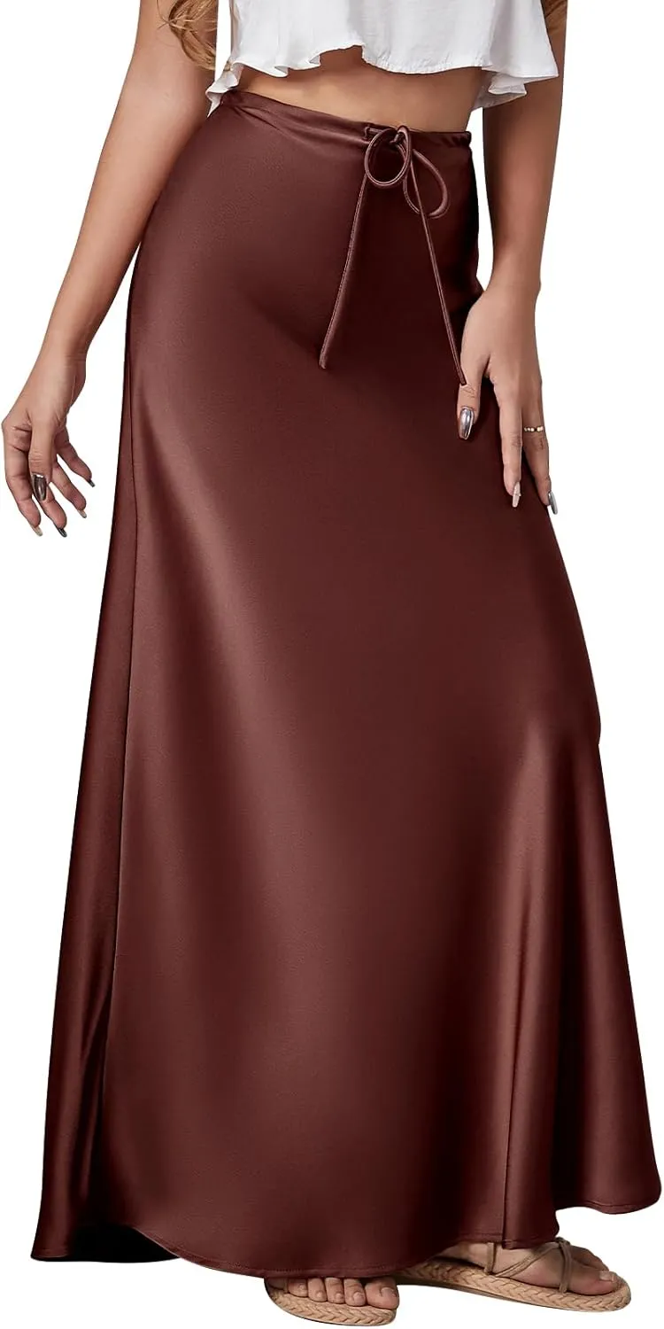 Long Silk Skirt Women's Spring Summer Satin Silk High Waist Drawstring Ruffle A Line Maxi Skirt