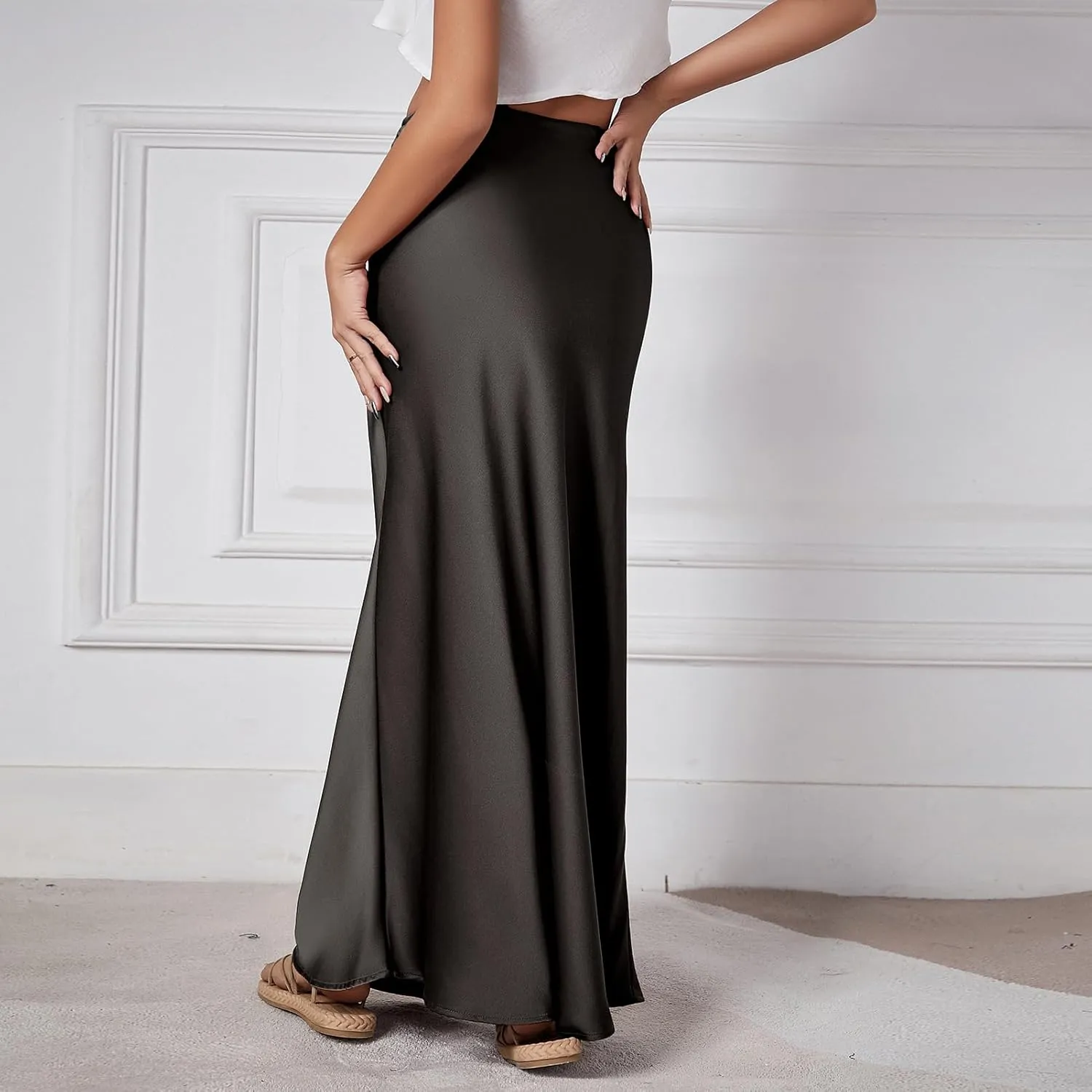 Long Silk Skirt Women's Spring Summer Satin Silk High Waist Drawstring Ruffle A Line Maxi Skirt