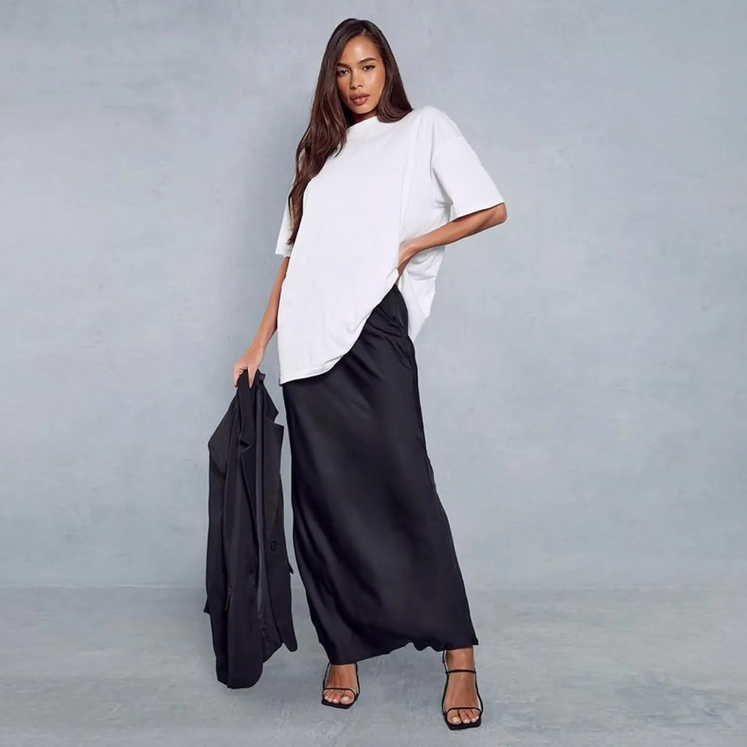 Long Silk Skirt Women's Spring Summer Satin Silk High Waist Drawstring Ruffle A Line Maxi Skirt