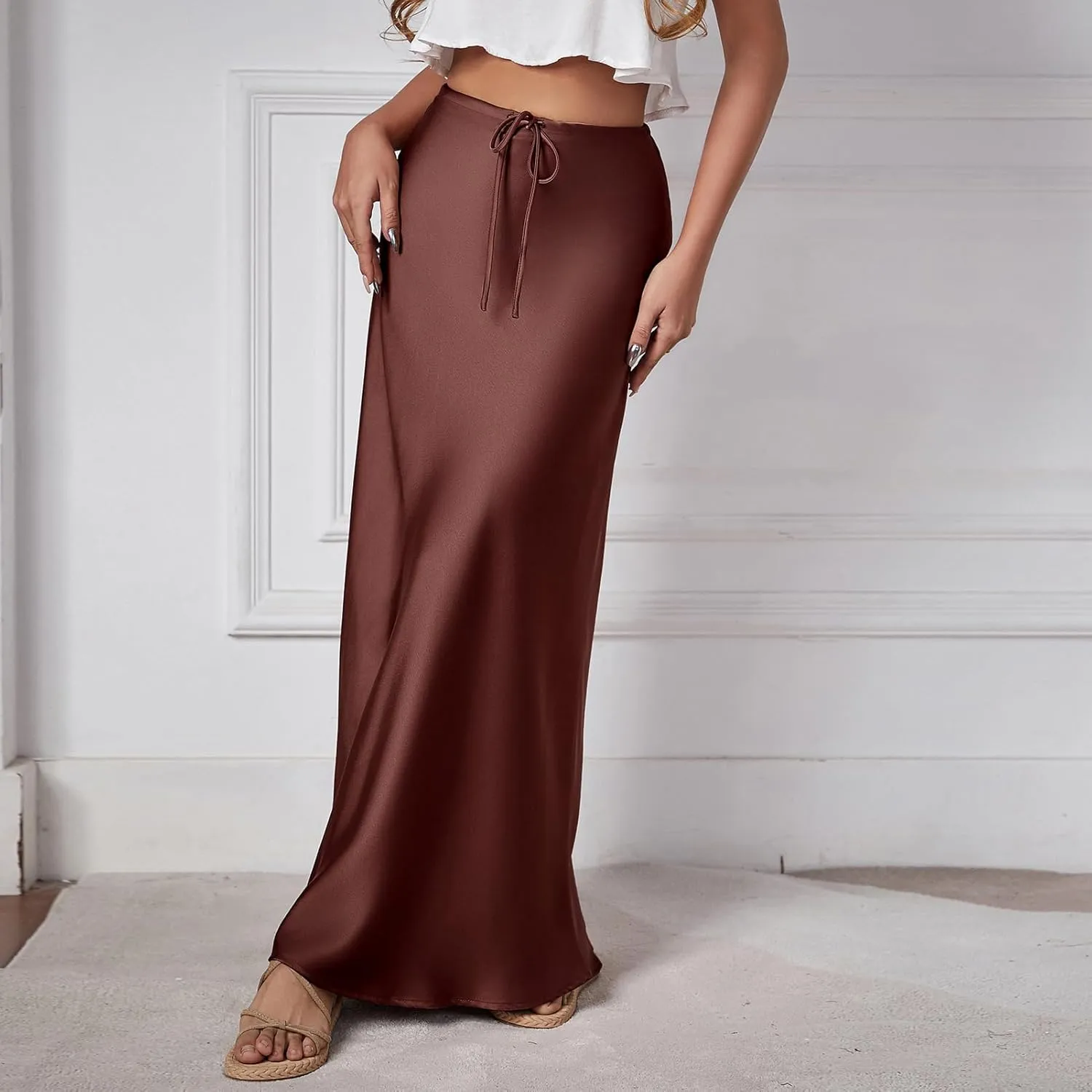 Long Silk Skirt Women's Spring Summer Satin Silk High Waist Drawstring Ruffle A Line Maxi Skirt