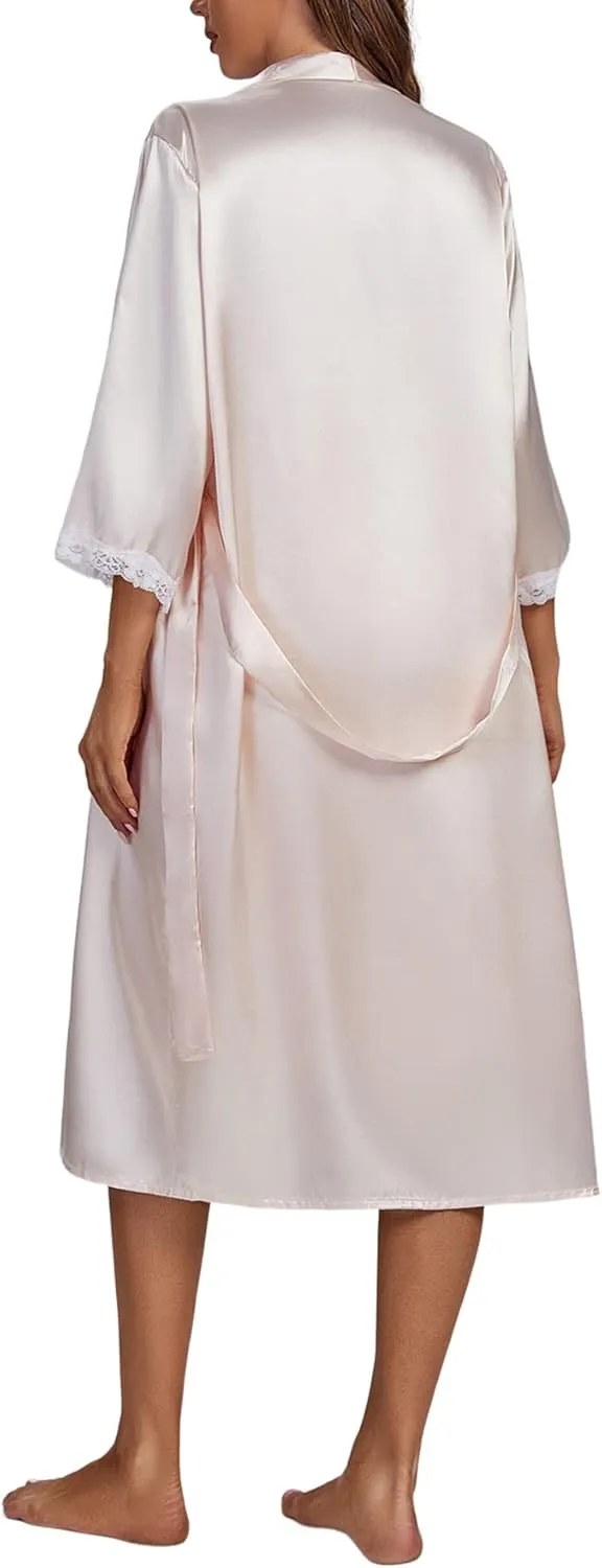 LYANER Women's Silk Satin Pajama Set 2Pcs Lace Trim Pj Robe with Chemise Nightgown Sleepwear