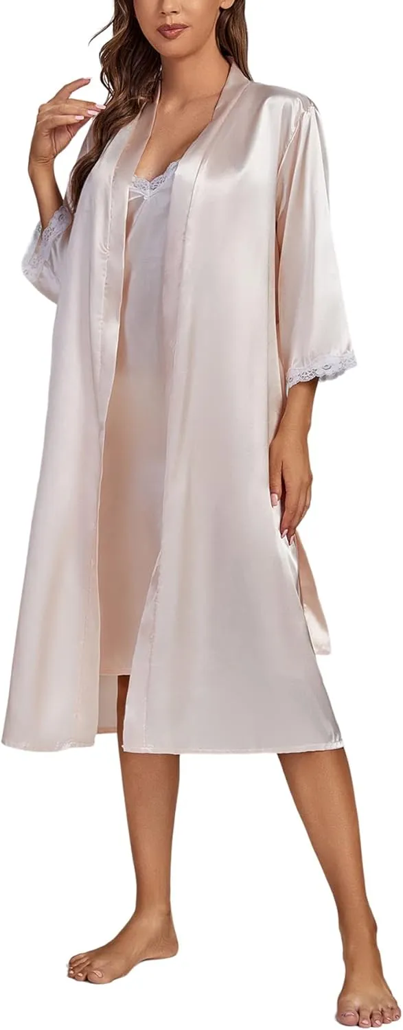 LYANER Women's Silk Satin Pajama Set 2Pcs Lace Trim Pj Robe with Chemise Nightgown Sleepwear