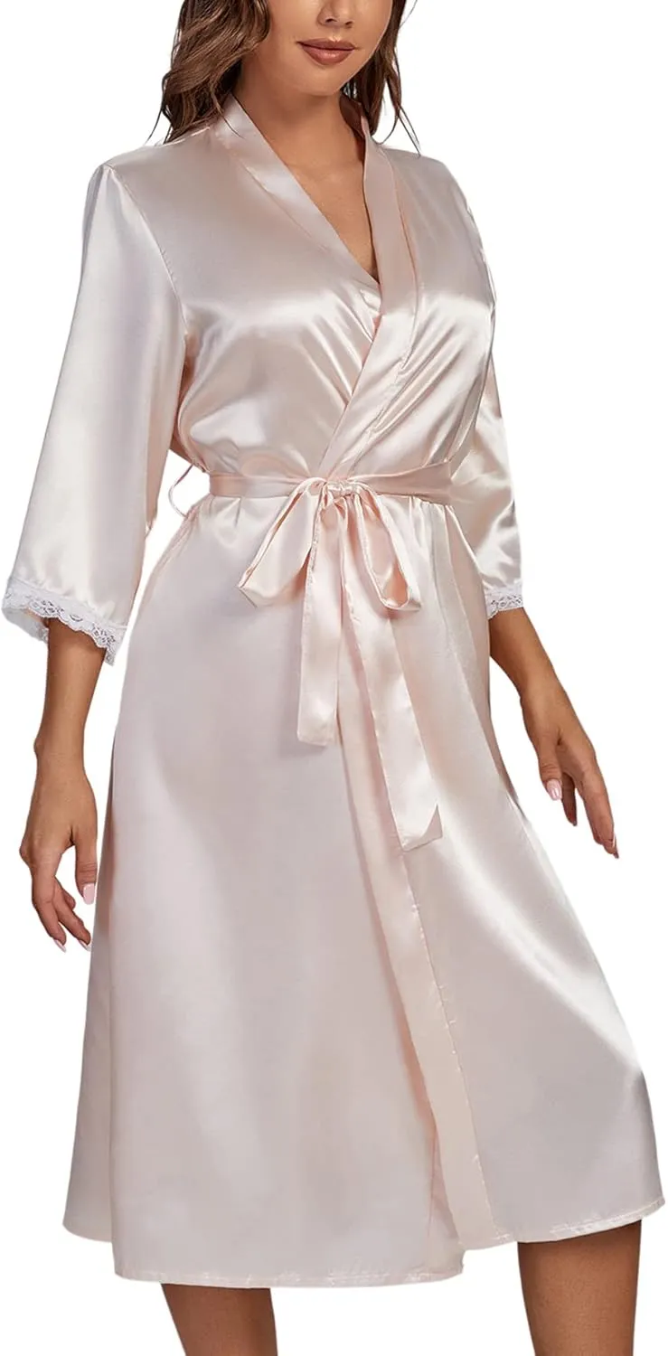 LYANER Women's Silk Satin Pajama Set 2Pcs Lace Trim Pj Robe with Chemise Nightgown Sleepwear