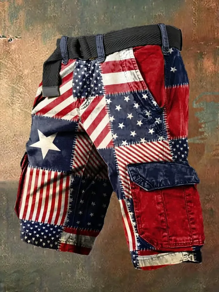 Man's Independence Day Vintage Flag Patchwork Print Patriotic Cargo Shorts