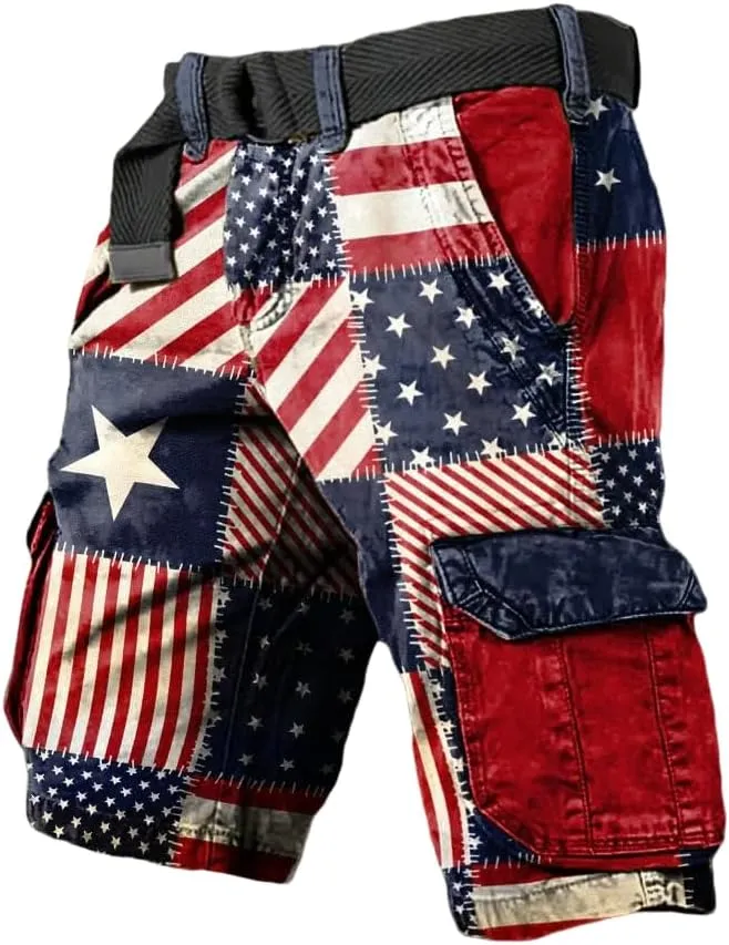 Man's Independence Day Vintage Flag Patchwork Print Patriotic Cargo Shorts