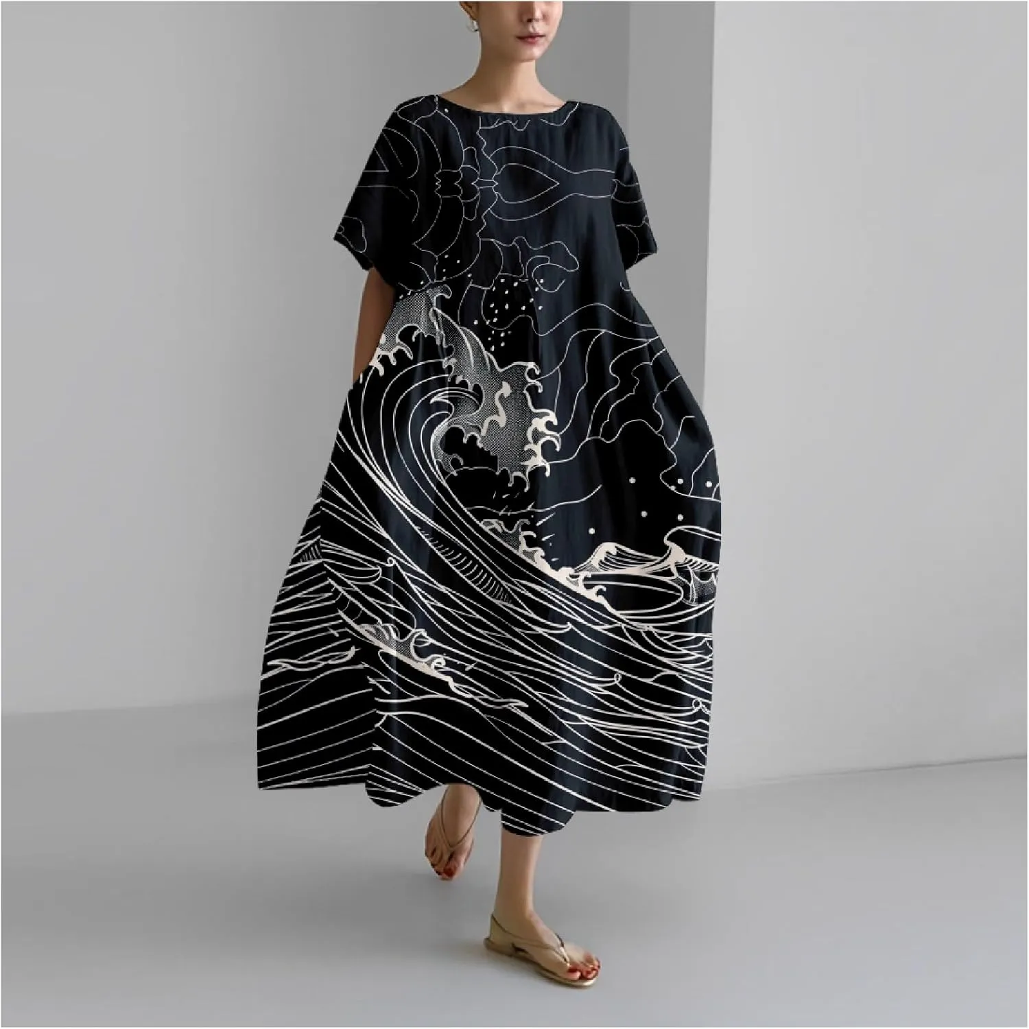 MARSVOVO Boho Dress for Women 2024 Plus Size Linen Casual Fish Wave Pattern Loose Fit Ruffle Hem Flowy Japanese Dress